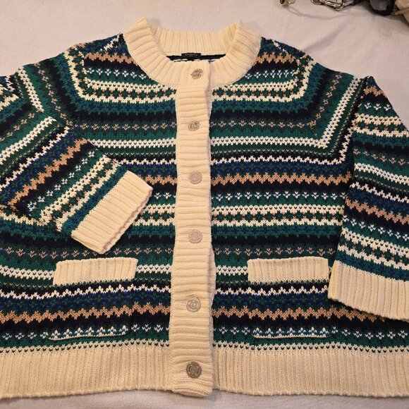 Talbots Plus Cardigan 3X 3XL Sweater Button Down Gold Metallic Green Blue Cream - Picture 2 of 15